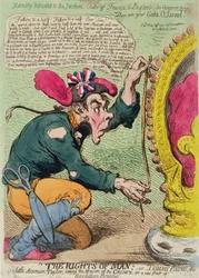 Die Rechte des Menschen, oder Tommy Paine, der kleine amerikanische Schneider, der die Krone für eine neue Paar Revolutionshosen misst, veröffentlicht von Hannah Humphrey im Jahr 1791